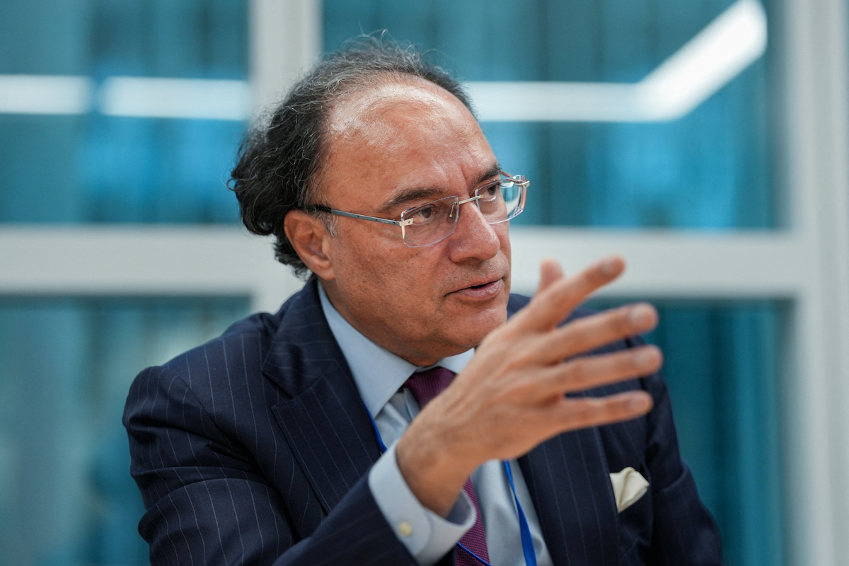 Pakistan Finance Minister Muhammad Aurangzeb speaks during an interview at the International Monetary Fund and World Bank Group’s annual spring meetings in Washington D.C., U.S., April 13, 2026. REUTERS/Ken Cedeno