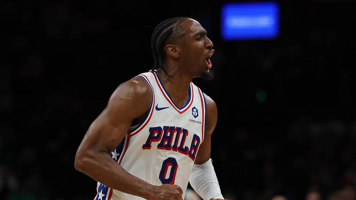 May 2, 2026; Boston, Massachusetts, USA; Philadelphia 76ers guard Tyrese Maxey (0) celebrates during the final moments of their win over the Boston Celtics in game seven of the first round of the 2026 NBA Playoffs at TD Garden. | Winslow Townson-Imagn Images 