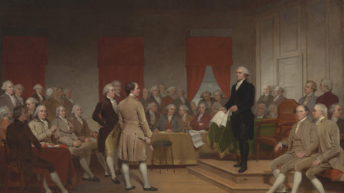 George Washington, standing at right, serves as president of the 1787 Constitutional Convention in Philadelphia, in this 1856 painting by Junius Stearns. Explore how the Founding Fathers linked good fatherhood to nurturing liberty, moral education and freeing children to become rational adults.