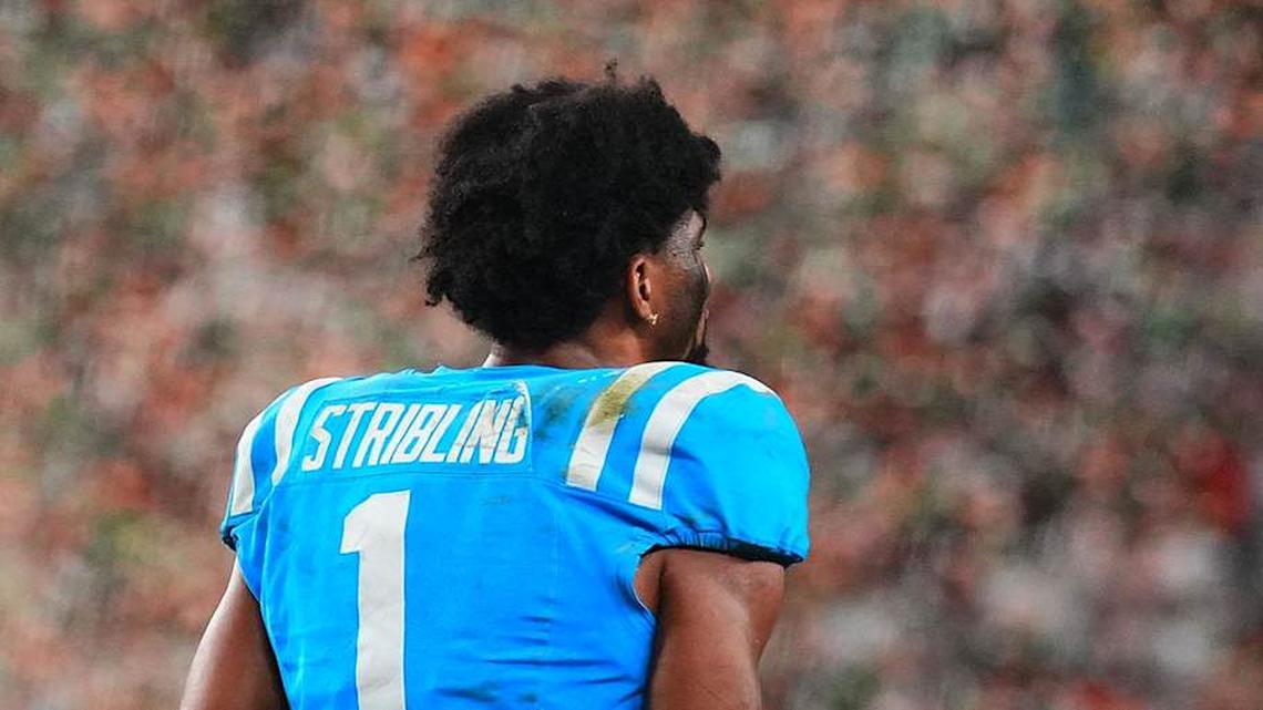  Jan 8, 2026; Glendale, AZ, USA; Mississippi Rebels wide receiver De'zhaun Stribling (1) reacts after the game against the Miami Hurricanes during the 2026 Fiesta Bowl and semifinal game of the College Football Playoff at State Farm Stadium. Mandatory Credit: Joe Camporeale-Imagn Images | Joe Camporeale-Imagn Images 