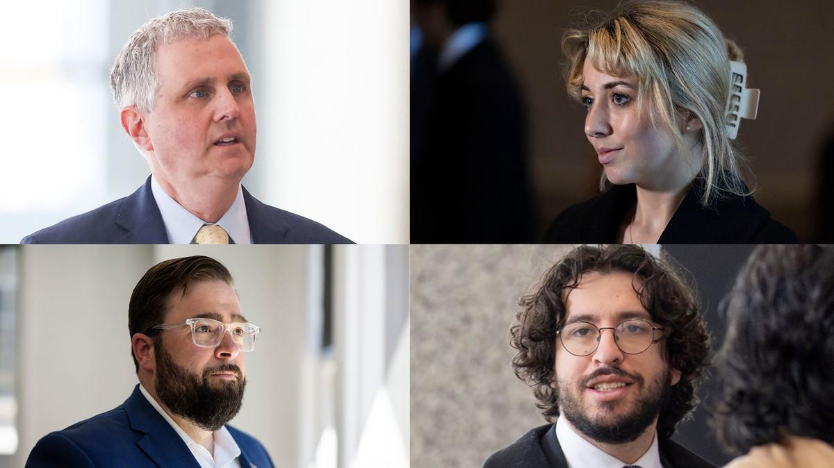 "Broadview Six" defendants Michael Rabbitt, clockwise from upper left, Katherine Abughazaleh, Andre Martin and Brian Straw. (Chicago Tribune/TNS)