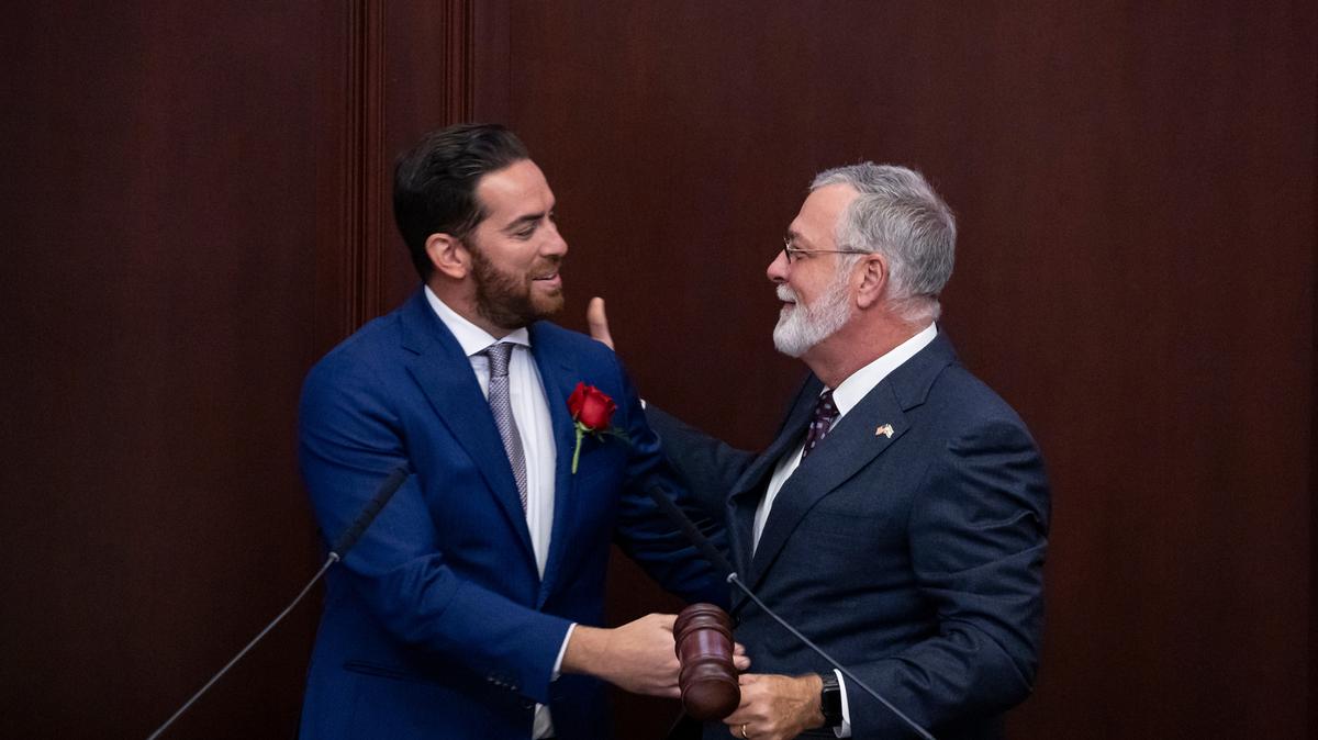Florida House Speaker Daniel Perez (R-Miami) hands Florida Senate President Ben Albritton (R-Wauchula) the gavel during the first day of the legislative session at the Florida State Capitol on March 4, 2025, in Tallahassee, Florida. (Matias J. Ocner/Miami Herald/TNS)