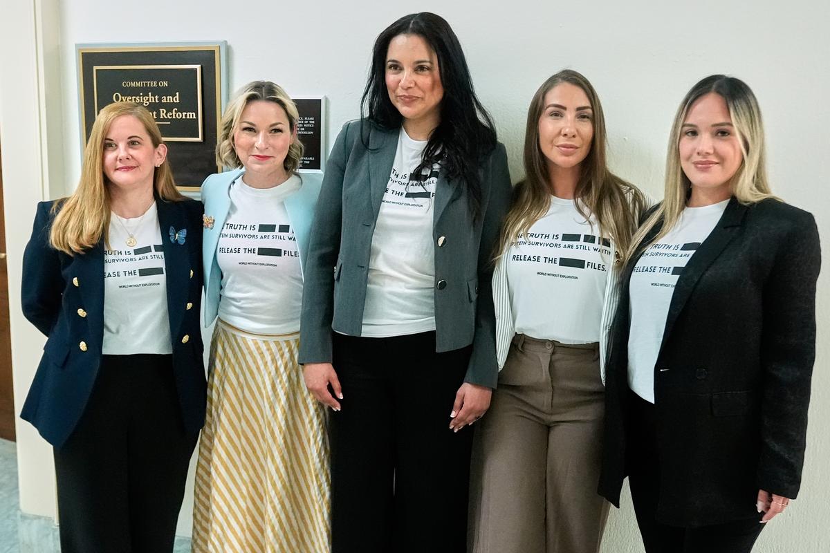  L-R: Victims of Jeffrey Epstein, Liz Stein, Dani Bensky, Sharlene Rochard, Marina Lacerda and Andrea Sterling are seen before former Attorney General Pam Bondi’s deposition on May 29, 2026. 