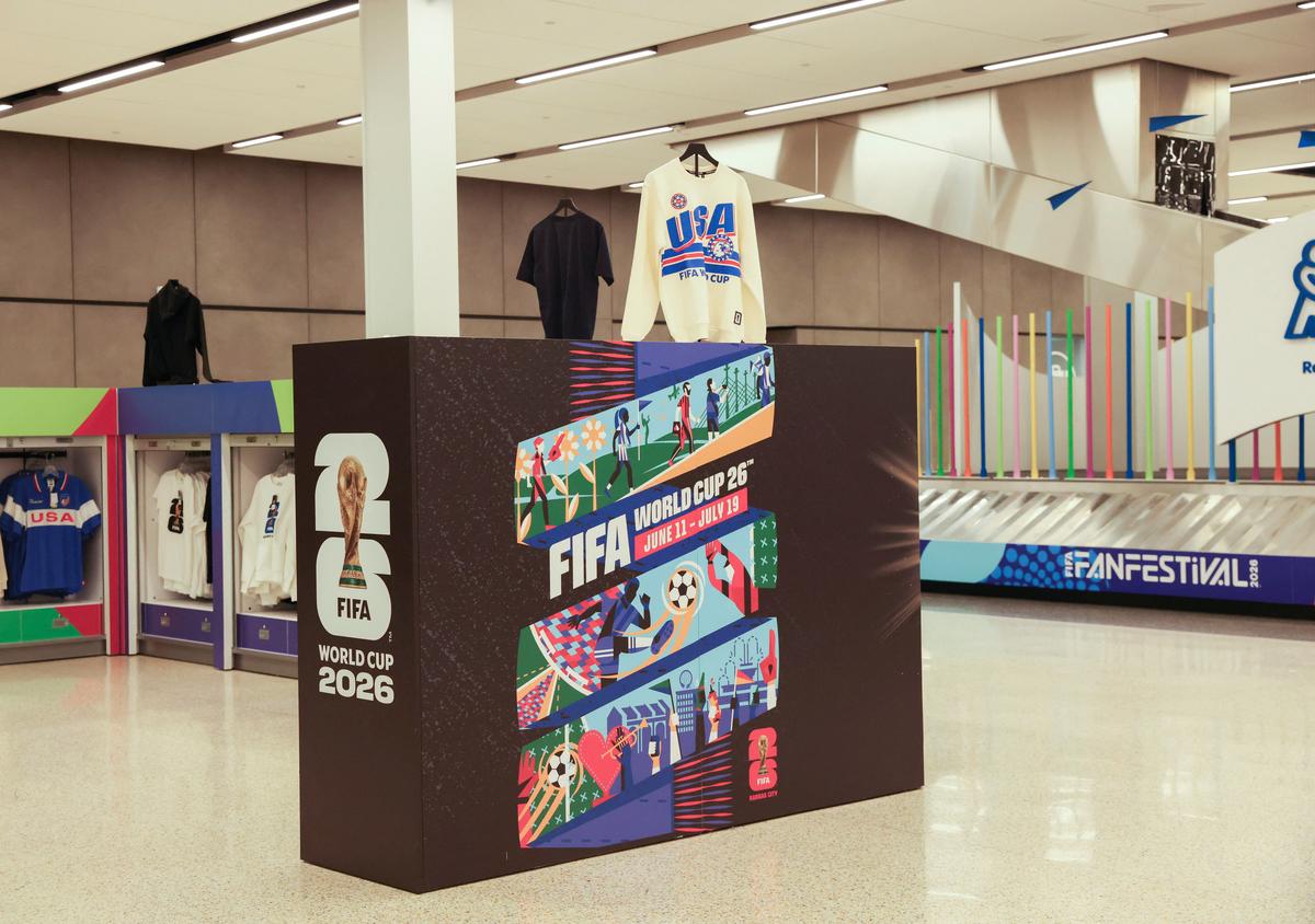 A sign advertising the upcoming FIFA World Cup stands at Kansas City International Airport in Kansas City, Missouri, U.S., May 9, 2026. REUTERS/Katie Currid