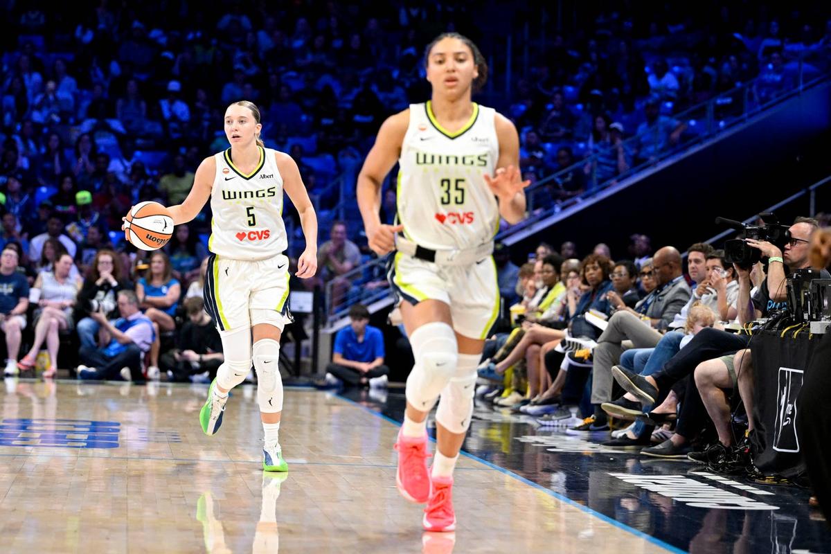  Dallas Wings guard Paige Bueckers bringing the ball up court behind guard Azzi Fudd against the Minnesota Lynx. Jerome Miron-Imagn Images