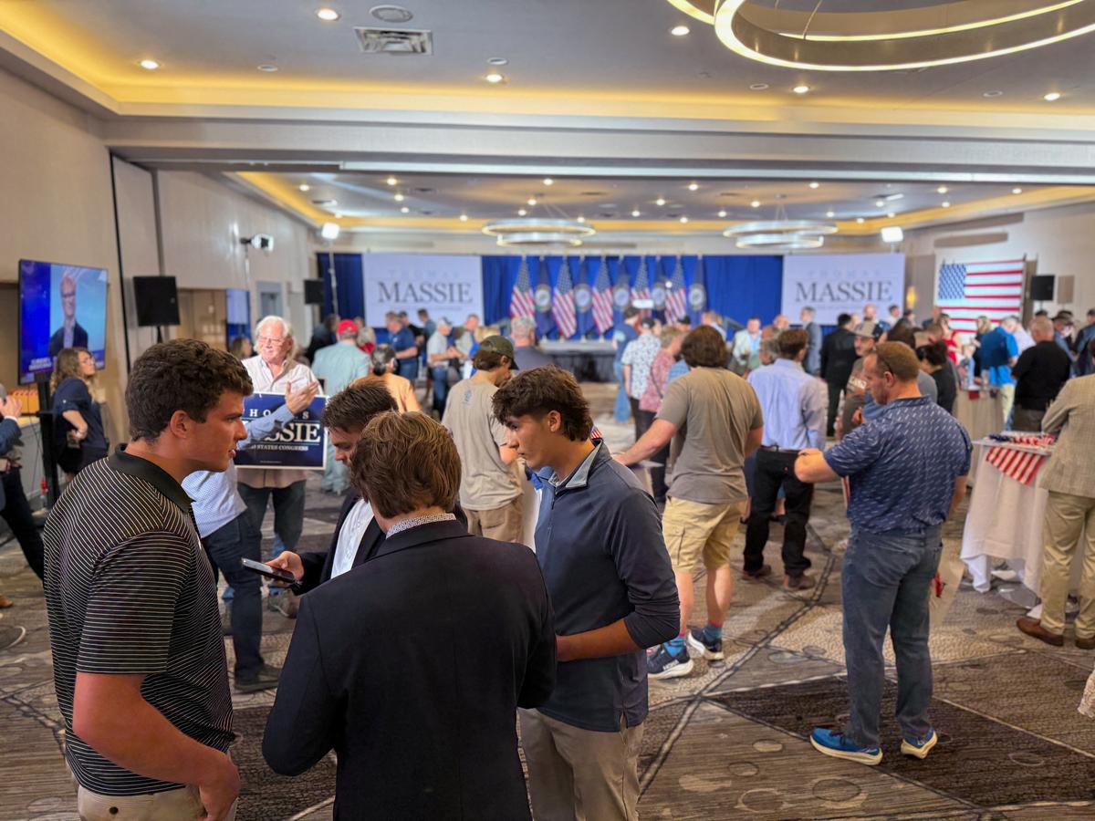 Supporters wait at incumbent Rep. Thomas Massie’s election night event for the Republican primary in Kentucky's 4th congressional district in the U.S. House of Representatives, in Hebron, Kentucky, U.S., May 19, 2026. REUTERS/Evan Garcia