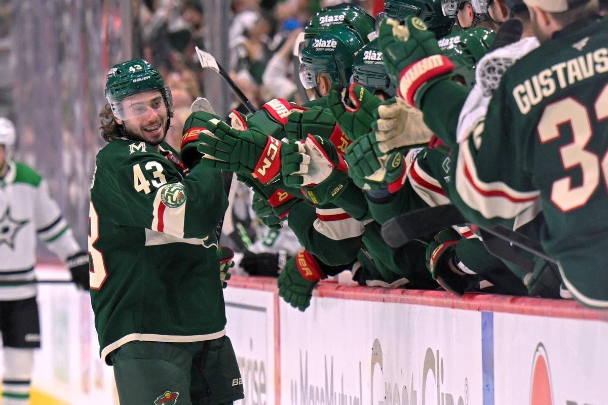  Minnesota Wild defensemen Quinn Hughes (43) celebrates his second goal of the night against the Dallas Stars during the third period in game six of the first round of the 2026 Stanley Cup Playoffs at Grand Casino Arena. Nick Wosika-Imagn Images