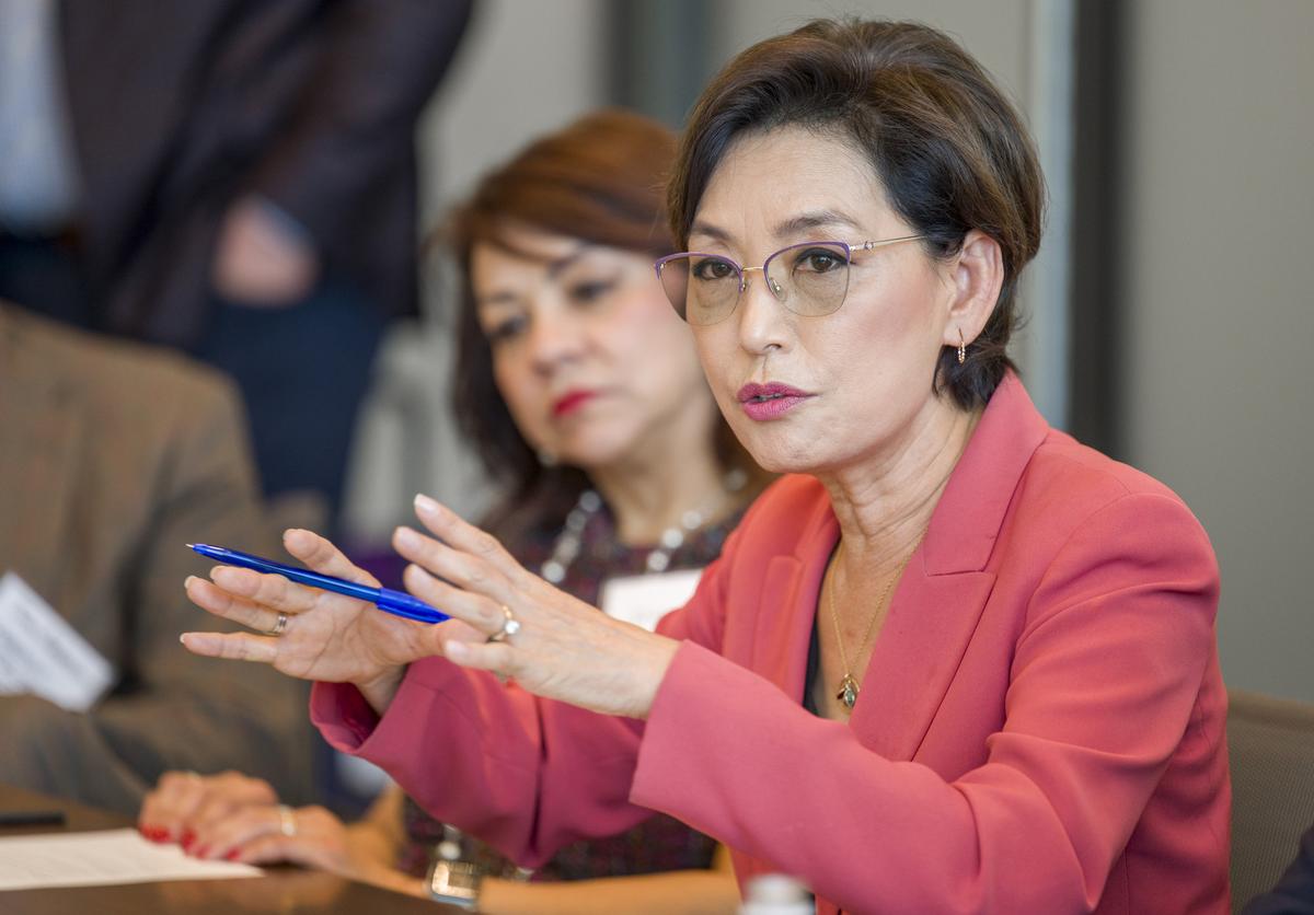 Rep. Young Kim speaks during a May tariff roundtable with small businesses from the National Federation of Independent Business in Yorba Linda. She is behind a congressional effort to give North Tustin its own ZIP code.