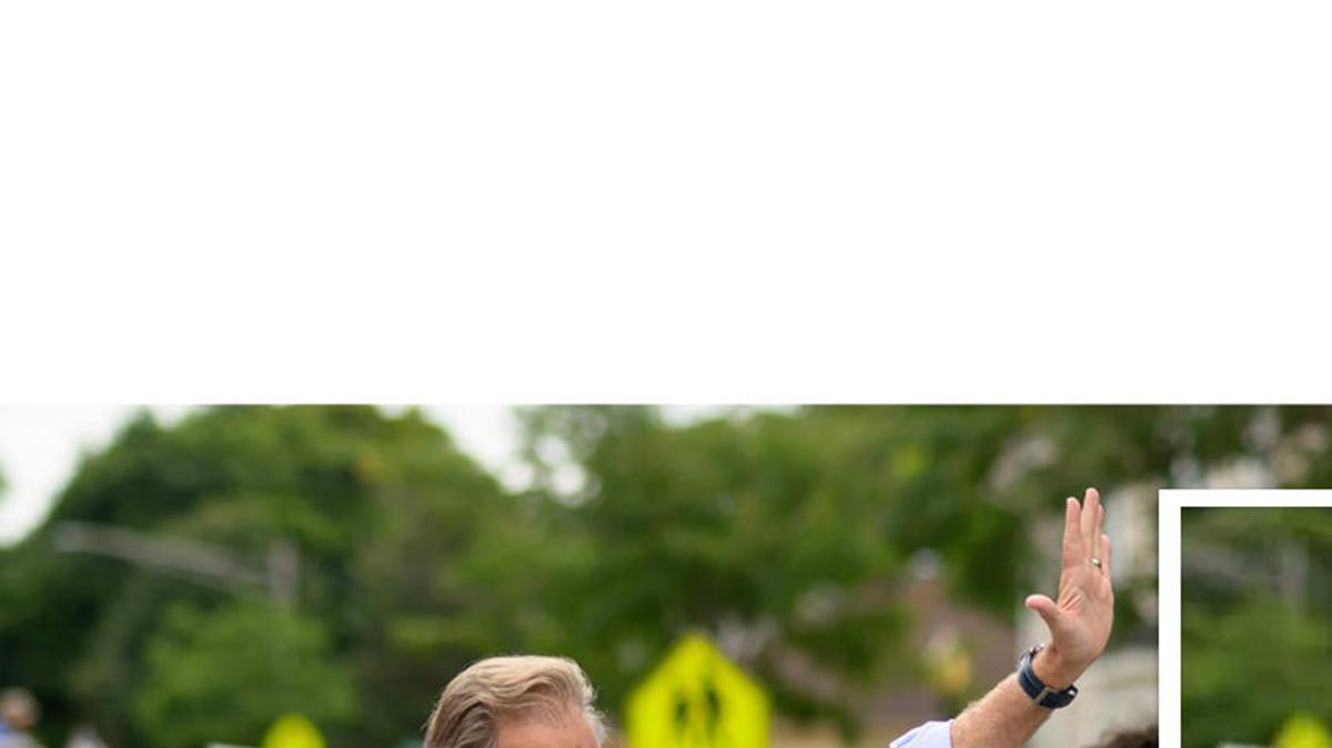 This is a Detroit News image, left, of U.S. Senate candidate Mike Rogers walking in a Fourth of July parade in downtown Milford, Mich., on July 4, 2024 that was altered, right, using artificial intelligence to make the White Lake Township Republican look buff. (David Guralnick/The Detroit News/TNS)