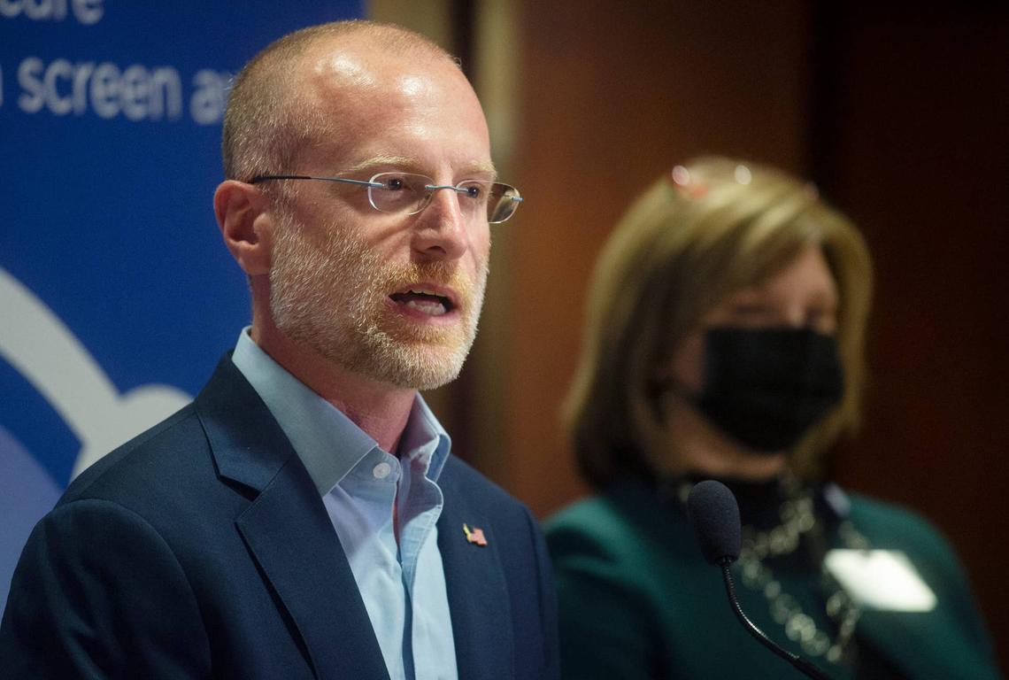 Commissioner of Federal Communications Commission Brendan Carr discusses how FCC funding has helped expand patient care at the University of Mississippi Medical Center's Center for Telehealth, during a news conference at the telehealth center in Ridgeland, Miss., Thursday, April 1, 2021. 