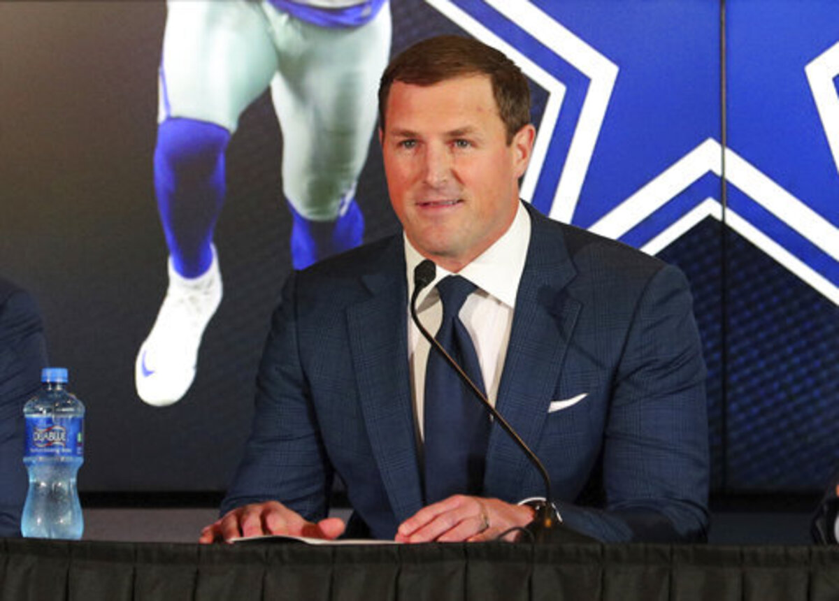 FILE - In this May 3, 2018, file photo, Dallas Cowboys tight end Jason Witten announces his retirement from football at the NFL team’s training facility and headquarters in Frisco, Texas. Three new voices will work ESPN’s Monday night games this NFL season: play-by-play announcer Joe Tessitore, analysts Jason Witten and Booger McFarland.