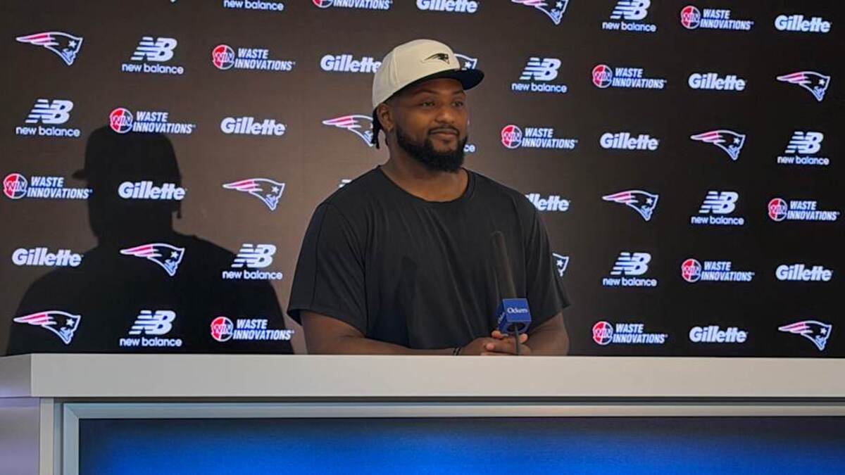  New England Patriots fullback Reggie Gilliam speaks to reporters after the third week of voluntary offseason workouts. | Ethan Hurwitz / Patriots On SI 