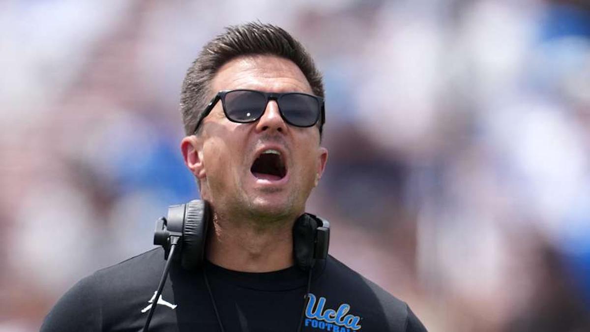  May 2, 2026; Pasadena, CA, USA; UCLA Bruins coach Bob Chesney reacts during the spring game at Rose Bowl. Mandatory Credit: Kirby Lee-Imagn Images | Kirby Lee-Imagn Images 