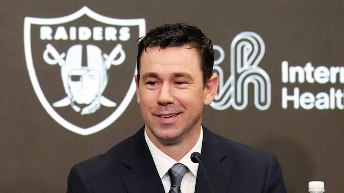  Feb 10, 2026; Henderson, NV, USA; Las Vegas Raiders coach Klint Kubiak speaks at introductory press conference at Intermountain Health Performance Center. Mandatory Credit: Kirby Lee-Imagn Images | Kirby Lee-Imagn Images 