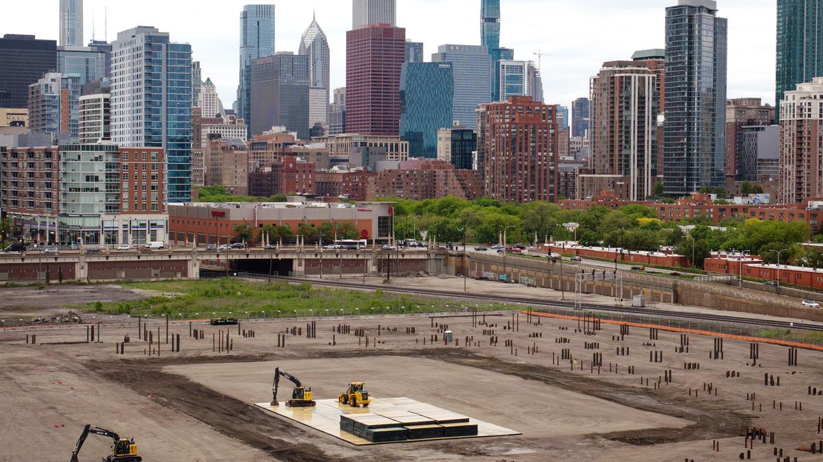 The 22,000-seat Chicago Fire soccer stadium is under construction at the north end of The 78 development in Chicago's South Loop on May 12, 2026. McDonald’s has acquired naming rights for the new stadium and it will be called McDonald’s Park. (E. Jason Wambsgans/Chicago Tribune)