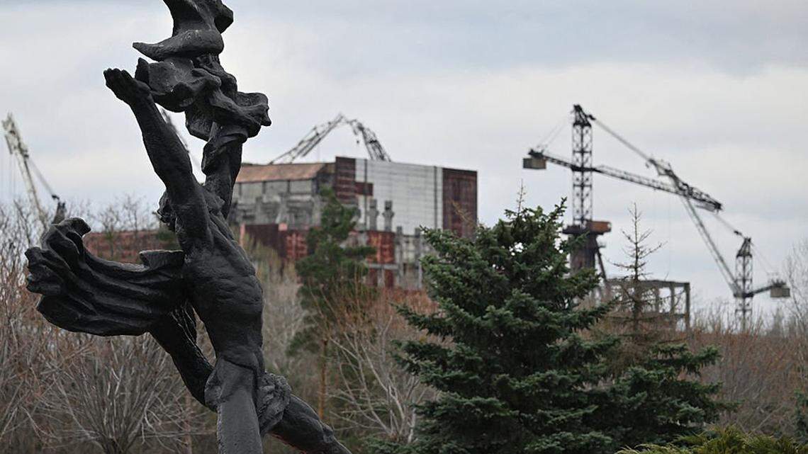 The Prometheus monument, dating back to the plant's construction, sits at the Chernobyl nuclear power plant on April 9. An uncontrolled collapse of the internal radiation shell at the defunct station in Ukraine could increase the risk of radioactivity release in the environment, Greenpeace warned on Tuesday.