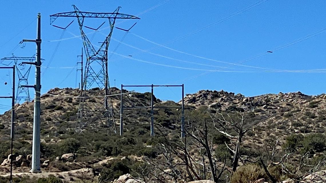 Power lines traverse a rugged stretch of San Diego County near the town of Jacumba. (Rob Nikolewski/The San Diego Union-Tribune)