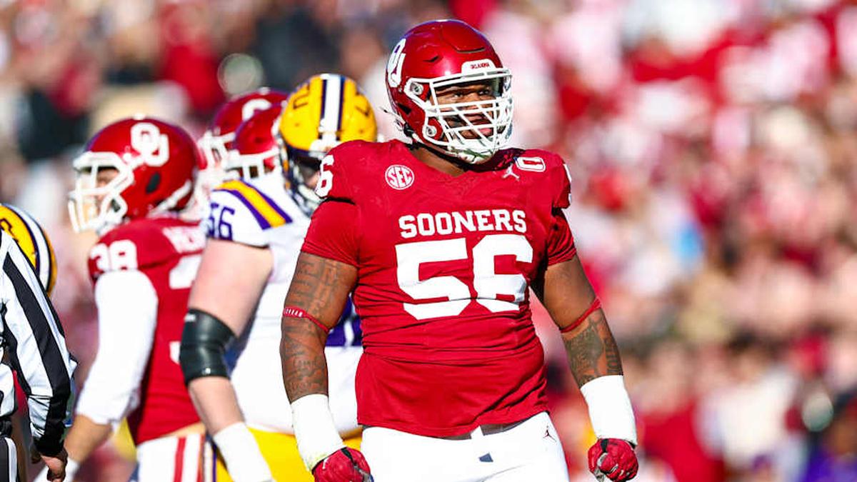 Nov 29, 2025; Norman, Oklahoma, USA; Oklahoma Sooners defensive lineman Gracen Halton (56) reacts during the first half against the Louisiana State Tigers at Gaylord Family-Oklahoma Memorial Stadium. Mandatory Credit: Kevin Jairaj-Imagn Images | Kevin Jairaj-Imagn Images 