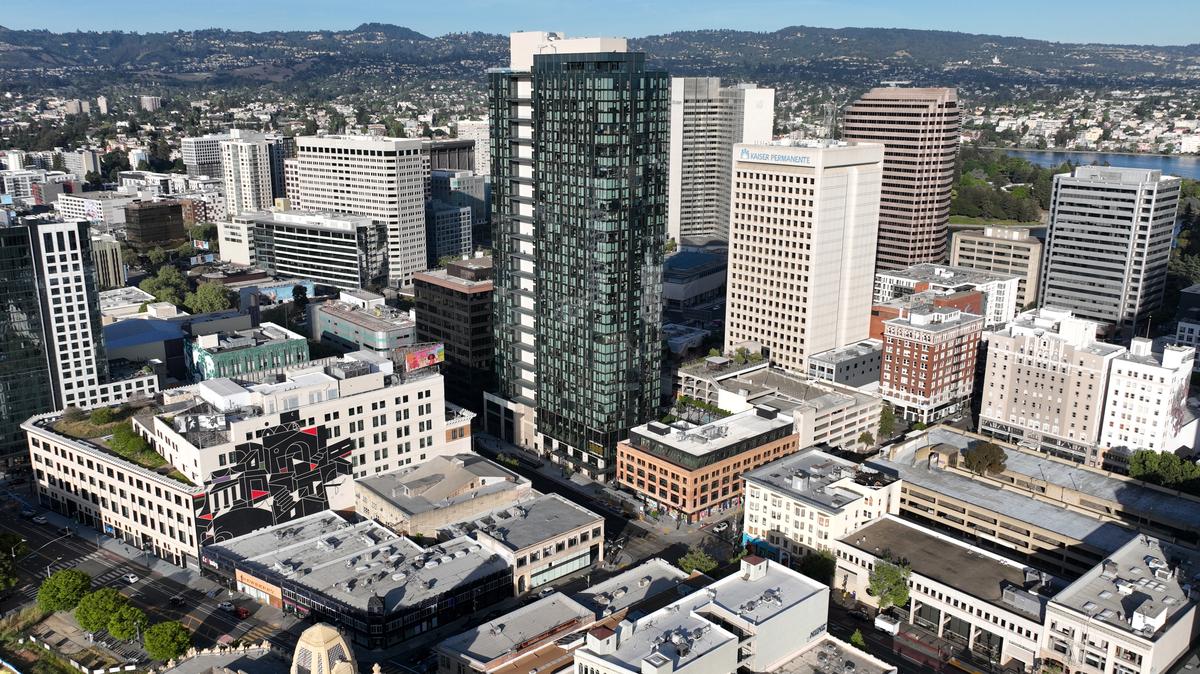 A drone view of the 1900 Broadway apartment building in downtown Oakland, Calif., on Tuesday, April 7, 2026. (Jane Tyska/Bay Area News Group)