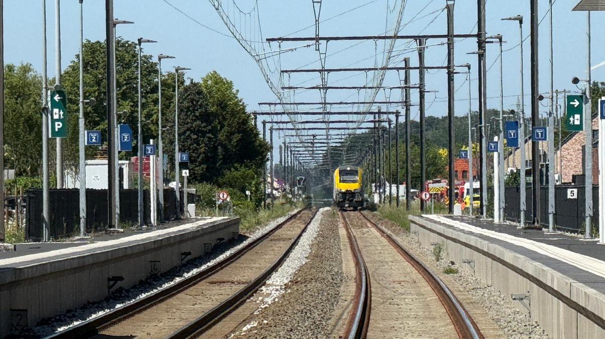 Emergency vehicles operate near the scene where a school bus was struck by a train at a level crossing leading to multiple casualities, near the town of Buggenhout, Belgium, May 26, 2026. REUTERS/Bart Biesemans