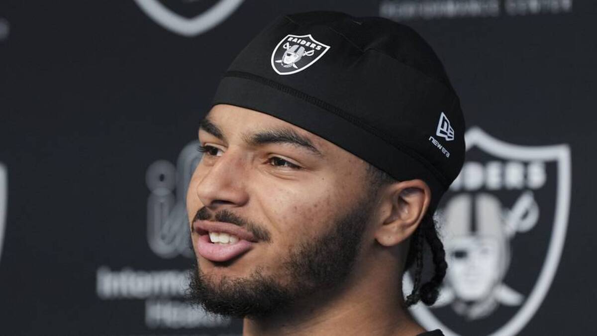  May 2, 2026; Henderson, NV, USA; Las Vegas Raiders safety Treydan Stukes (31) speaks during a news conference at the team's Rookie Minicamp at Intermountain Health Performance Center. Mandatory Credit: Candice Ward-Imagn Images | Candice Ward-Imagn Images 