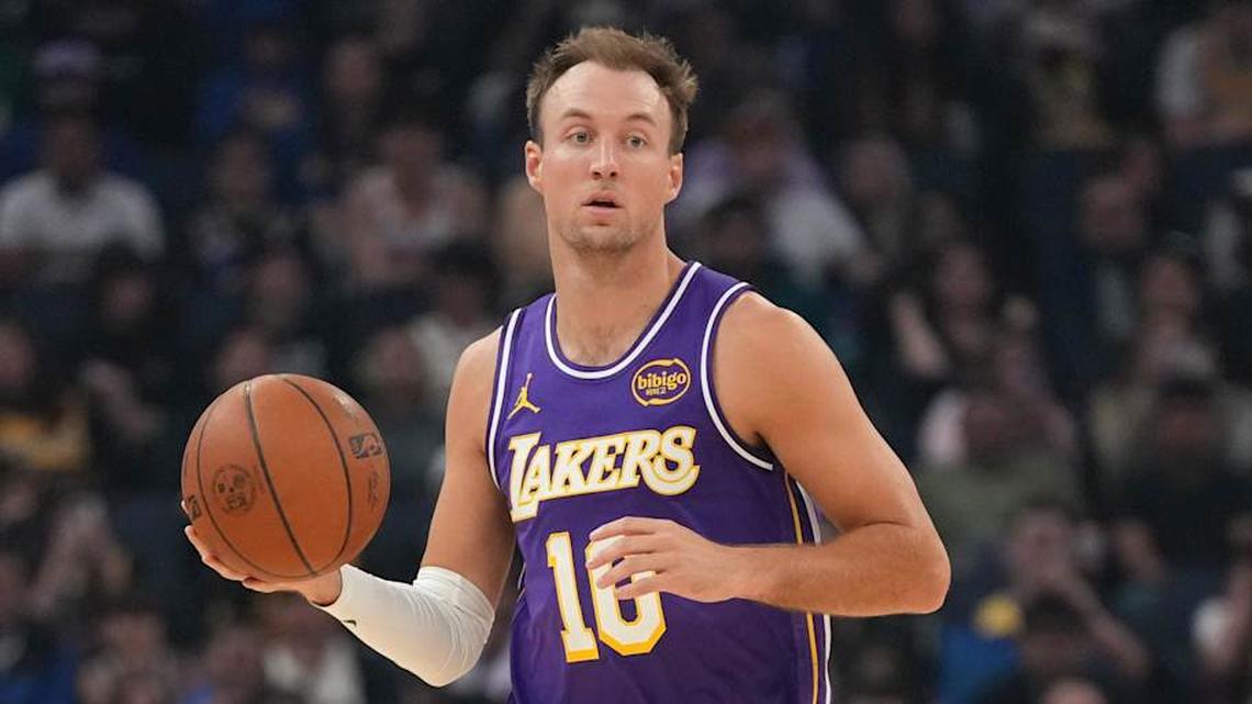  Apr 9, 2026; San Francisco, California, USA; Los Angeles Lakers guard Luke Kennard (10) brings the ball upcourt against the Golden State Warriors in the first quarter at the Chase Center. Mandatory Credit: Cary Edmondson-Imagn Images | Cary Edmondson-Imagn Images 