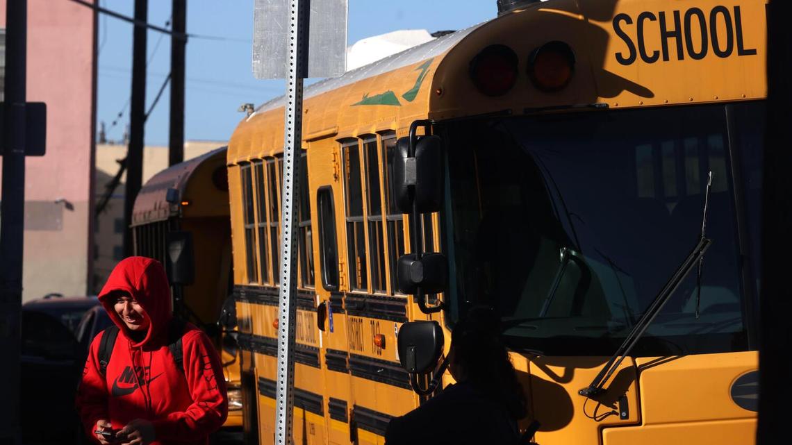 A student arrives for class at Miguel Contreras Learning Complex after an LAUSD strike is averted in Los Angeles on April 14, 2026. (Genaro Molina/Los Angeles Times/TNS)