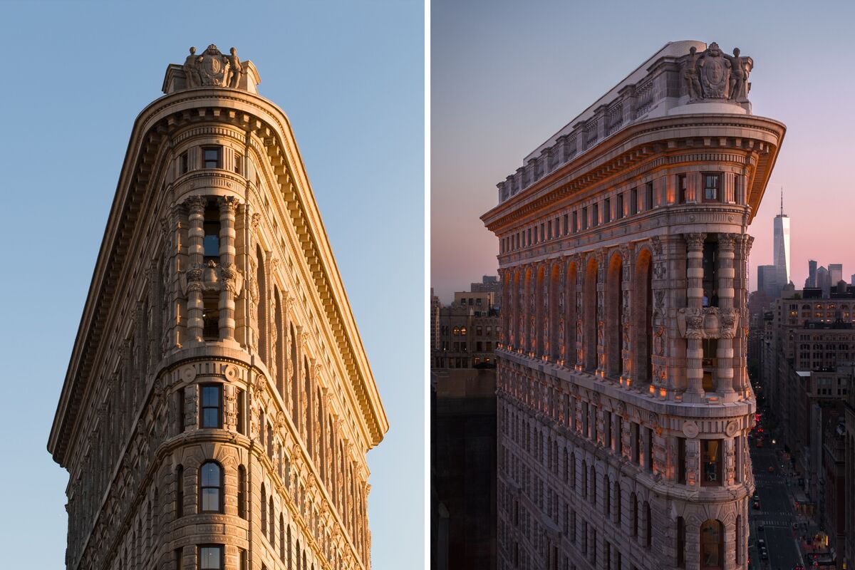  The Flatiron Building is shown during the day (left) and lit up in the early evening (right). 