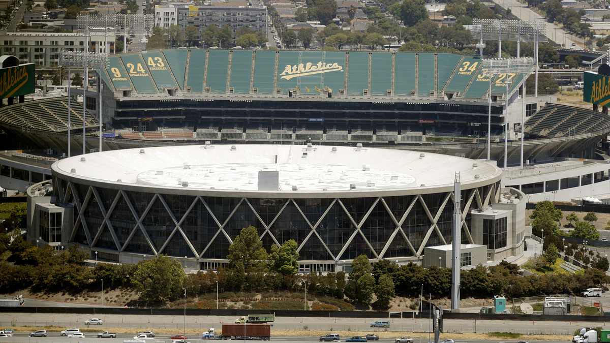 An aerial view of the Coliseum and Oakland Arena in July of 2023. (Jane Tyska/Bay Area News Group)