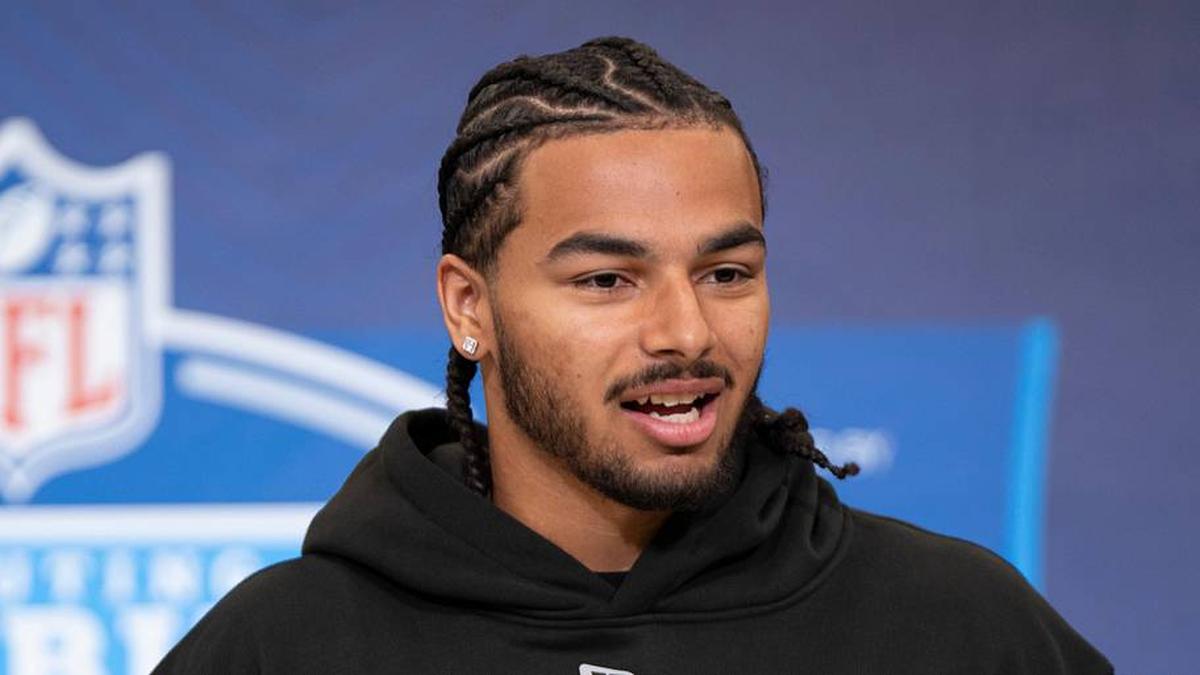  Feb 26, 2026; Indianapolis, IN, USA; Arizona defensive back Treydan Stukes (DB49) speaks to members of the media during the NFL Combine at the Indiana Convention Center. Mandatory Credit: Jacob Musselman-Imagn Images | Jacob Musselman-Imagn Images 