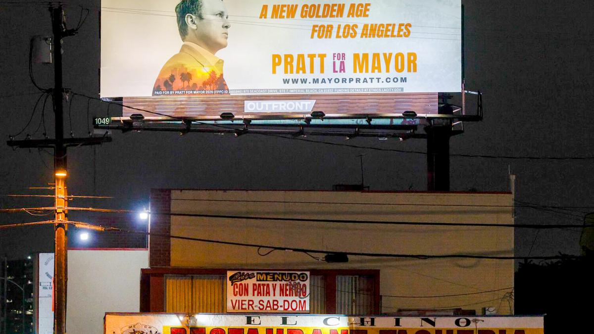 A political billboard for City of Los Angeles mayoral candidate Spencer Pratt stands above El Chino restaurant and Taqueria on Tuesday, June 2, 2026 in Los Angeles , CA. (Ronaldo Bolanos/Los Angeles Times/TNS)