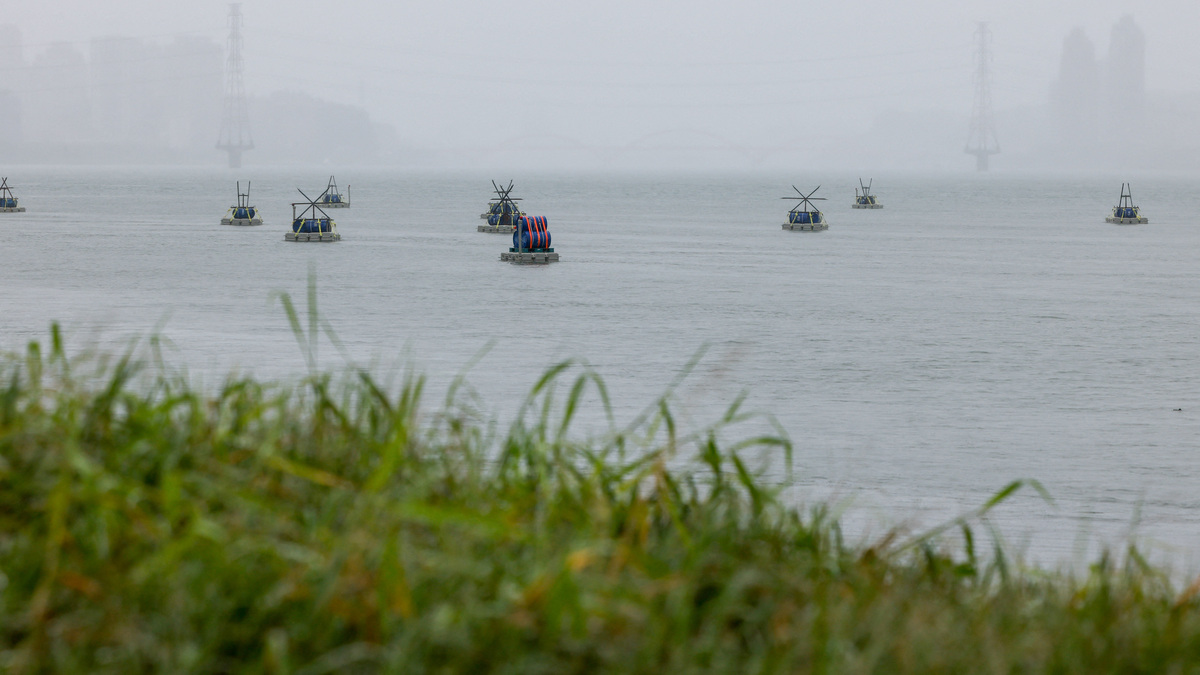 Explosive barrels placed by Taiwan military at the Tamsui river, as part of a series of emergency combat readiness drills, in response to China conducting "Justice Mission 2025" military drills around Taiwan, in Taipei, Taiwan, December 31, 2025. REUTERS/Ann Wang