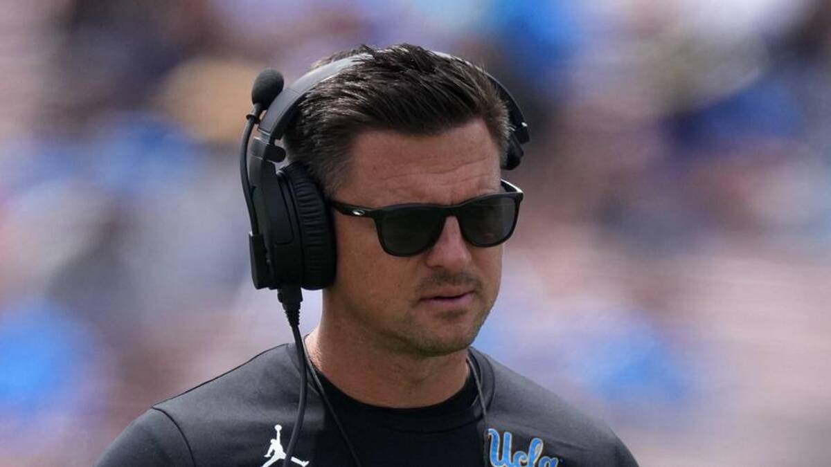  May 2, 2026; Pasadena, CA, USA; UCLA Bruins coach Bob Chesney reacts during the spring game at Rose Bowl. Mandatory Credit: Kirby Lee-Imagn Images | Kirby Lee-Imagn Images 
