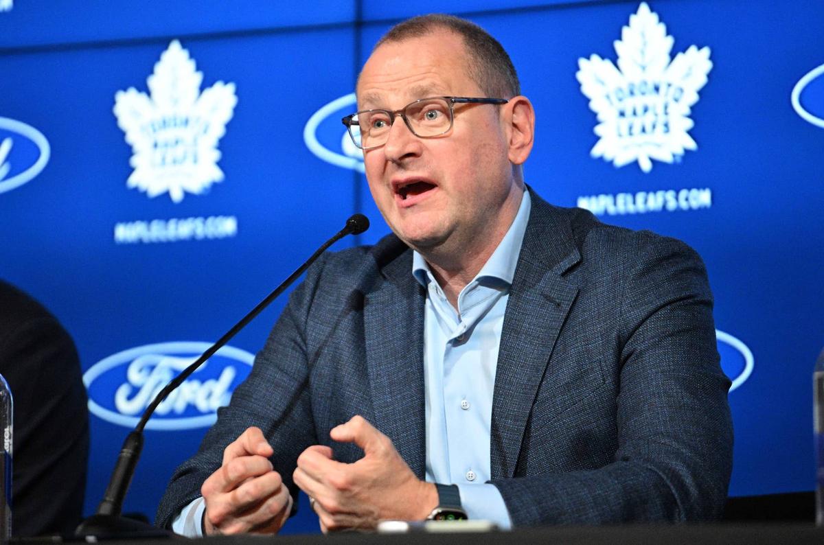  Former Toronto Maple Leafs general manager Brad Treliving speaks during a press conference. Dan Hamilton-USA TODAY Sports via Imagn Images