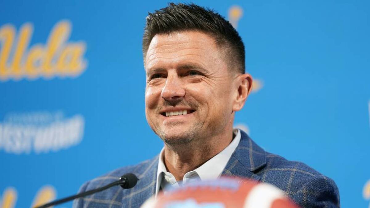  Dec 9, 2025; Los Angeles, CA, USA; Bob Chesney is introduced as UCLA Bruins football coach at press conference at Renee Luskin Conference Center Centennial Ballroom. Mandatory Credit: Kirby Lee-Imagn Images | Kirby Lee-Imagn Images 