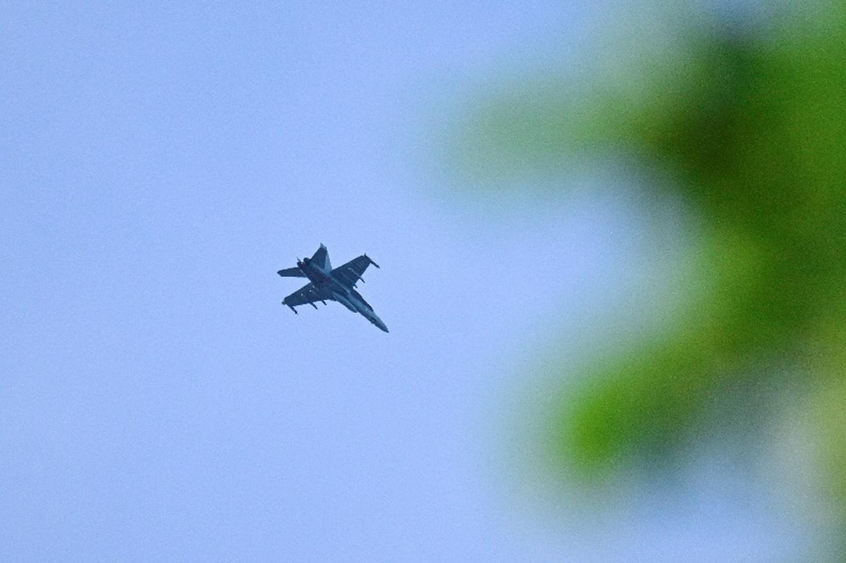 A Hornet fighter of the Finnish Air Force flying above Helsinki, Finland, May 15, 2026. Lehtikuva/Markku Ulander/via REUTERS