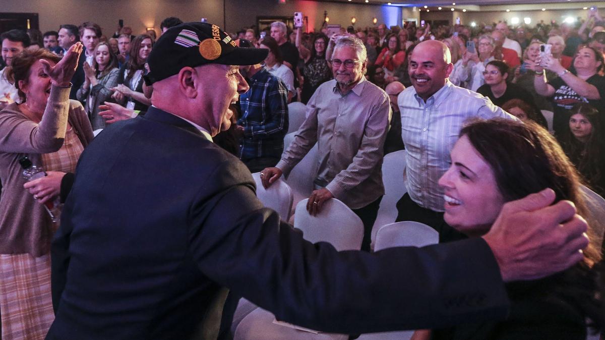 Pennsylvania State Sen. Doug Mastriano celebrates his May 2022 victory in the Republican primary for governor in Chambersburg, Pa. (Steven M. Falk/The Philadelphia Inquirer/TNS)