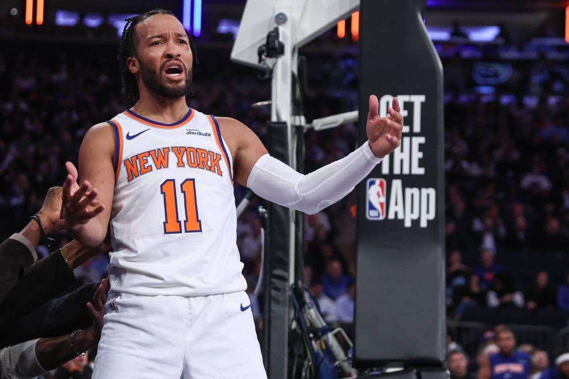  Nov 12, 2025; New York, New York, USA; New York Knicks guard Jalen Brunson (11) reacts after getting called for a foul in the first quarter against the Orlando Magic at Madison Square Garden. Mandatory Credit: Wendell Cruz-Imagn Images 