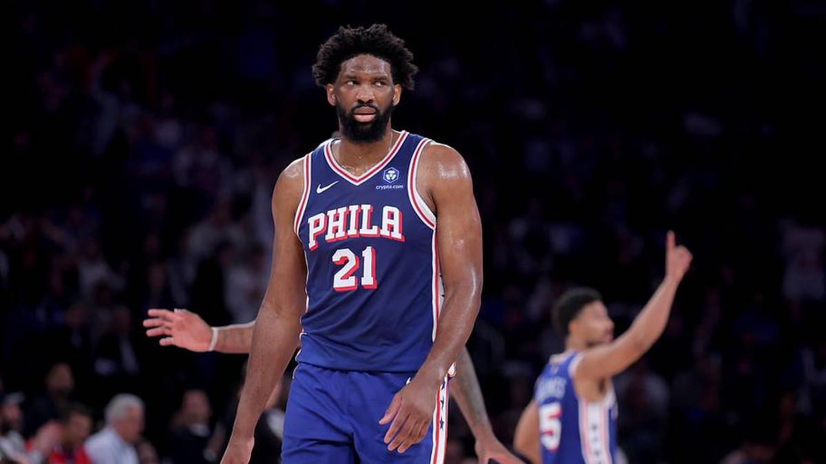  May 4, 2026; New York, New York, USA; Philadelphia 76ers center Joel Embiid (21) reacts during the first quarter of game one of the eastern conference semifinal round of the 2026 NBA Playoffs against the New York Knicks at Madison Square Garden. | Brad Penner-Imagn Images 