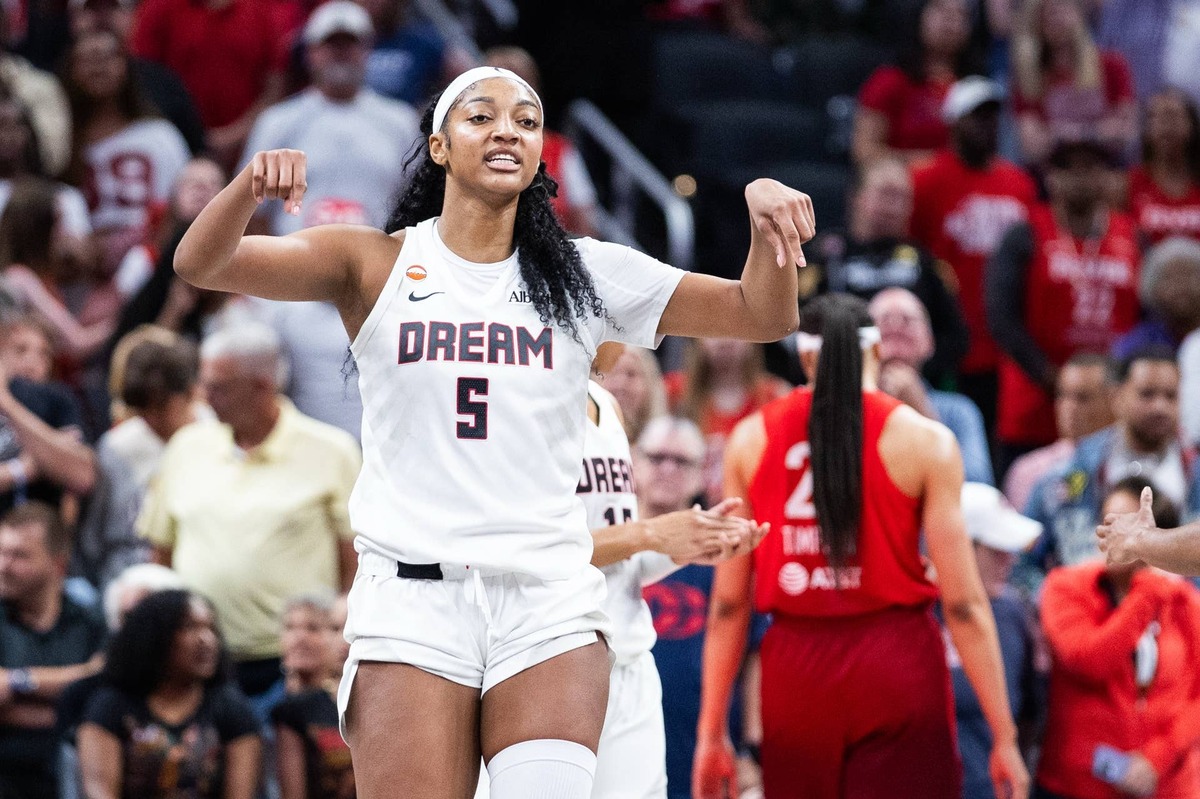  Jun 18, 2026; Indianapolis, Indiana, USA; Atlanta Dream forward Angel Reese (5) celebrates a basket in the second half against the Indiana Fever at Gainbridge Fieldhouse. Mandatory Credit: Trevor Ruszkowski-Imagn Images 