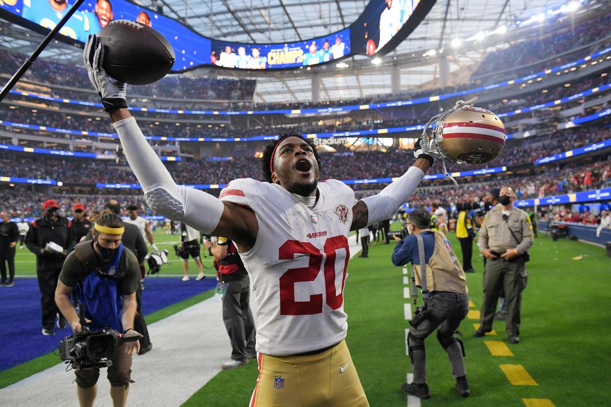 San Francisco 49ers cornerback Ambry Thomas (20) celebrates after catching an interception in overtime against the Los Angeles Rams on Jan. 9 in Inglewood. The 49ers won 27-24.