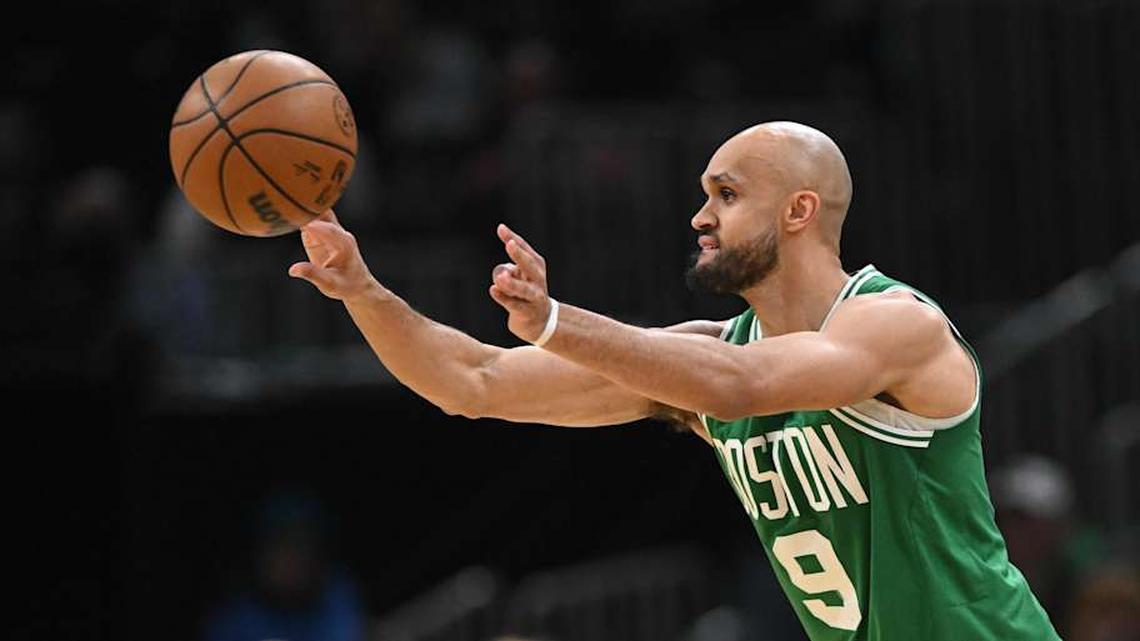  Apr 21, 2026; Boston, Massachusetts, USA; Boston Celtics guard Derrick White (9) passes the ball against the Philadelphia 76ers in the first half of a game two of the first round of the 2026 NBA Playoffs at TD Garden. | Brian Fluharty-Imagn Images 