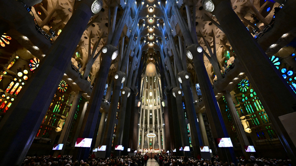 Pope Leo XIV leads a Holy Mass in the Basilica of the Sagrada Familia and the inauguration of the Jesus Christ tower in Barcelona, on June 10, 2026. Pope Leo XIV is visiting Spain June 6-12 with stops in Madrid, Barcelona, and the Canary Islands, where he will meet with migrants and organisations dedicated to helping them. (Photo by Stefano RELLANDINI / AFP via Getty Images). 