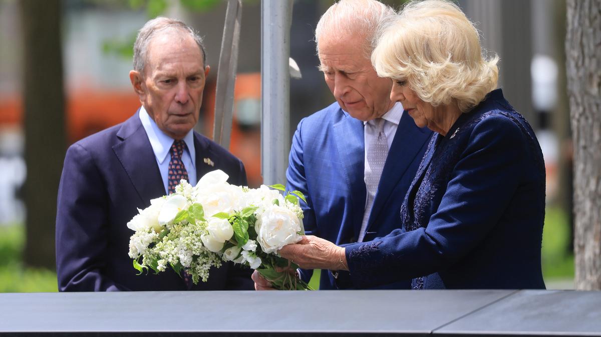 Former New York City Mayor Michael Bloomberg, chairman of the National September 11 Memorial, King Charles III and Queen Camilla attend a ceremony at the National September 11 Memorial during a state visit on Wednesday, April 29, 2026, in New York City. (Spencer Platt/Getty Images/TNS)