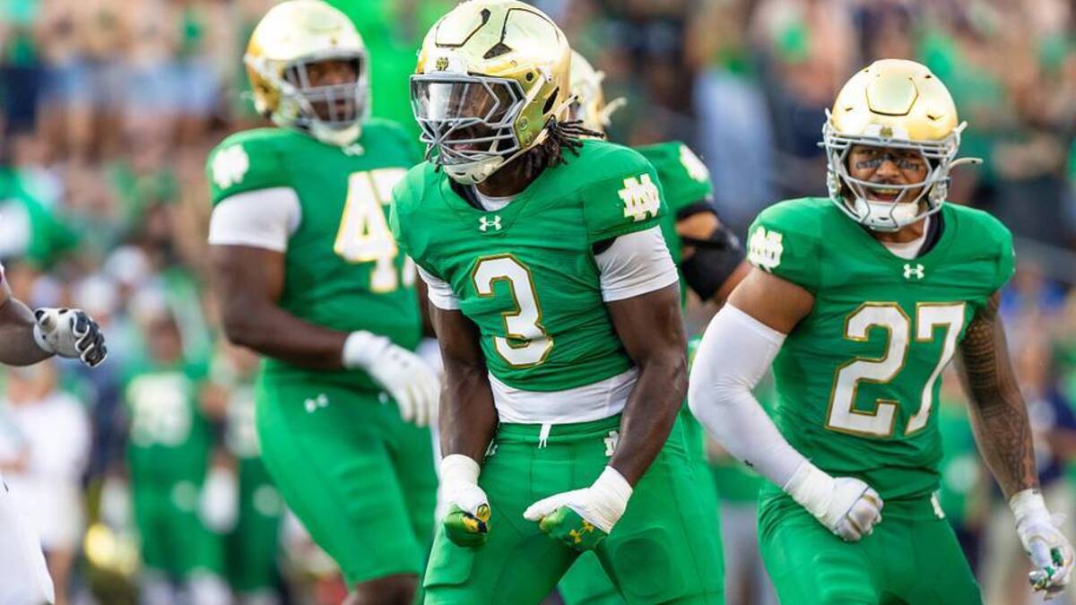  Oct 4, 2025; South Bend, Indiana, USA; Notre Dame Fighting Irish linebacker Jaylen Sneed (3) celebrates a tackle against the Boise State Broncos during the second half at Notre Dame Stadium. | Michael Caterina-Imagn Images 