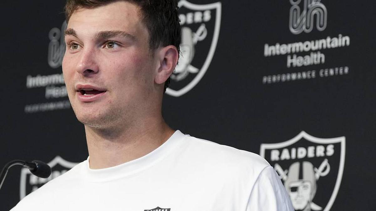  May 2, 2026; Henderson, NV, USA; Las Vegas Raiders quarterback Fernando Mendoza (15) speaks during a news conference at the team's Rookie Minicamp at Intermountain Health Performance Center. Mandatory Credit: Candice Ward-Imagn Images | Candice Ward-Imagn Images 