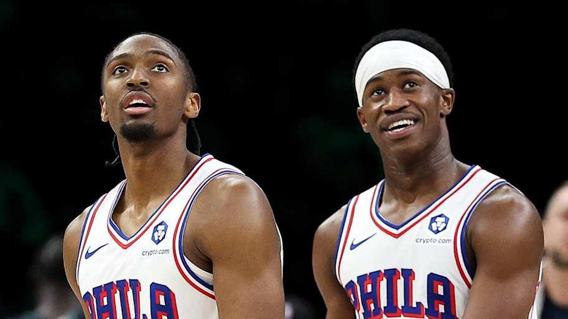  Feb 22, 2026; Minneapolis, Minnesota, USA; Philadelphia 76ers guard Tyrese Maxey (0) and guard Vj Edgecombe (77) look on during the second half against the Minnesota Timberwolves at Target Center. Mandatory Credit: Matt Krohn-Imagn Images | Matt Krohn-Imagn Images 