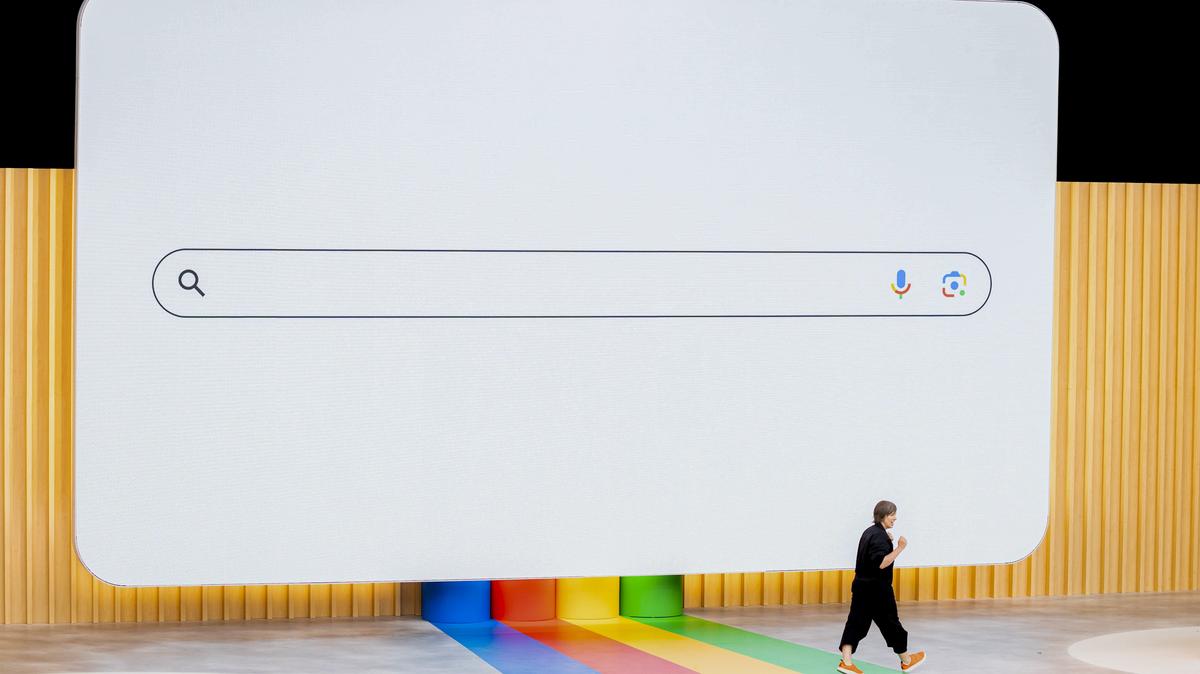 A presentation on Google Search at Google I/O, the company's annual conference, in Mountain View, Calif., May 10, 2023. Powered by a new Gemini AI model, the tech giant is overhauling its search box to answer longer queries, introducing a video-generation and video-editing tool and simplifying online shopping.