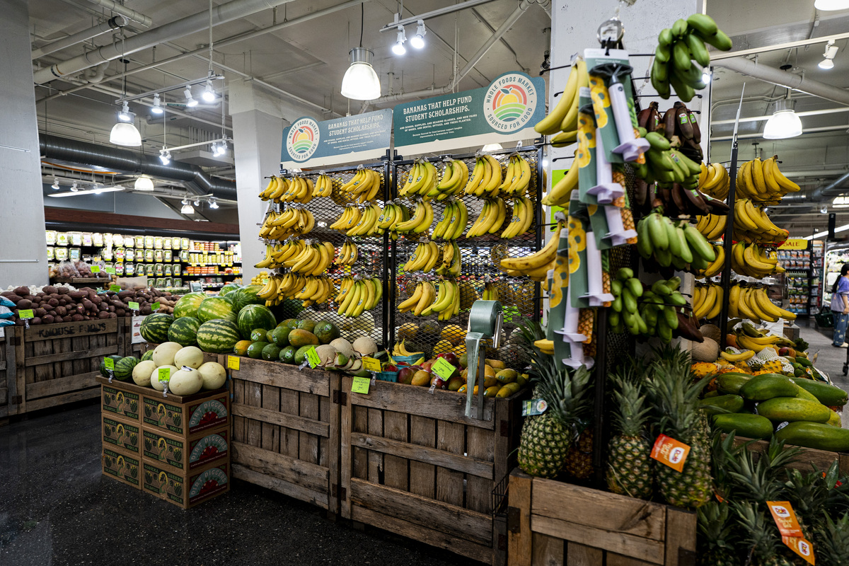  Bananas and other fruits are seen on sale at a grocery store on May 24, 2026 in Washington, D.C. 