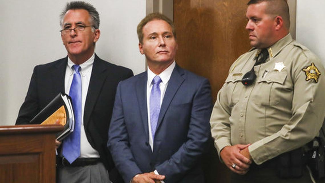 FILE - In this Nov. 9, 2017, file photo, Rene Boucher, center, appears in court for an arraignment hearing with his attorney Matt Baker, left, at the Warren County Justice Center in Bowling Green, Ky. U.S. Sen. Rand Paul is suing his neighbor Boucher, who admitted to tackling Rand as he mowed his yard. The Bowling Green Daily News reports the Friday, June 22, 2018, complaint seeks compensatory and punitive damages from Boucher for "physical pain and mental suffering" from the November assault.